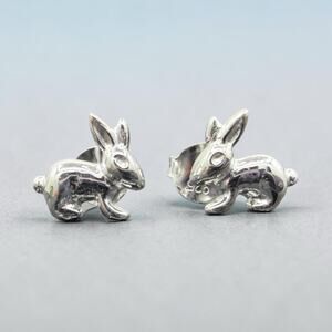 Resting Rabbit Bunny Stud Earrings 925 Sterling Silver Friction Backs